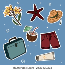 Summer travel set collections with different elements icon stickers. Hand drawn outline summer vibe set. Summer time tropical elements
