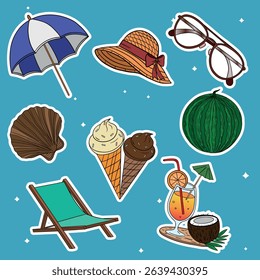 Summer travel set collections with different elements icon stickers. Hand drawn outline summer vibe set. Summer time tropical elements