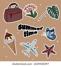 Summer travel set collections with different elements icon stickers. Hand drawn outline summer vibe set. Summer time tropical elements