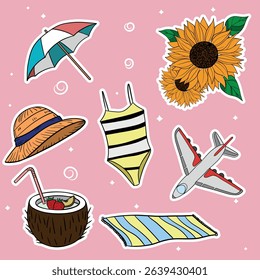 Summer travel set collections with different elements icon stickers. Hand drawn outline summer vibe set. Summer time tropical elements