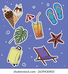 Summer travel set collections with different elements icon stickers. Hand drawn outline summer vibe set. Summer time tropical elements