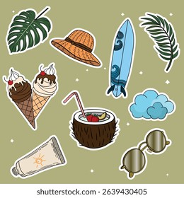 Summer travel set collections with different elements icon stickers. Hand drawn outline summer vibe set. Summer time tropical elements