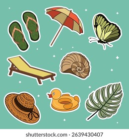 Summer travel set collections with different elements icon stickers. Hand drawn outline summer vibe set. Summer time tropical elements