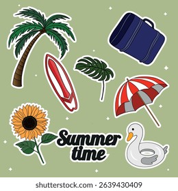Summer travel set collections with different elements icon stickers. Hand drawn outline summer vibe set. Summer time tropical elements