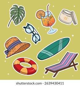 Summer travel set collections with different elements icon stickers. Hand drawn outline summer vibe set. Summer time tropical elements