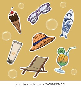 Summer travel set collections with different elements icon stickers. Hand drawn outline summer vibe set. Summer time tropical elements