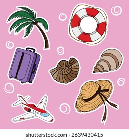 Summer travel set collections with different elements icon stickers. Hand drawn outline summer vibe set. Summer time tropical elements