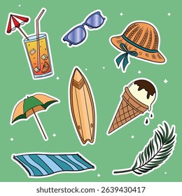 Summer travel set collections with different elements icon stickers. Hand drawn outline summer vibe set. Summer time tropical elements