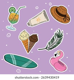 Summer travel set collections with different elements icon stickers. Hand drawn outline summer vibe set. Summer time tropical elements