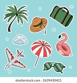 Summer travel set collections with different elements icon stickers. Hand drawn outline summer vibe set. Summer time tropical elements