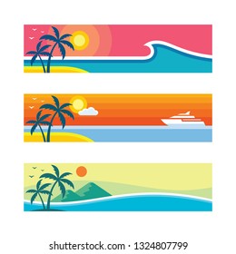 Summer travel - set of horizontal concept banner templates, vector illustration in flat style. Vacation creative layouts. Tropical holiday paradise decorative posters. Graphic design background. 