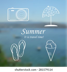 Summer and travel set of icons - flip flops, sunshade, ice cream, camera. Abstract blurred sea background. Vector illustration.