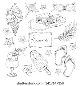 Summer travel set. Monochrome objects isolated on white background. Hand drawn vintage hat, seashells, ice cream, tropical flowers, glasses, cocktail, flip-flops. Fashion vector illustration.