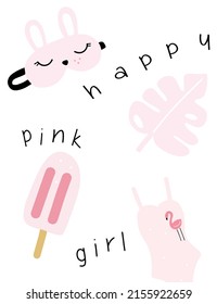 Summer travel set of pink things sleep mask, monstera leaf, ice cream, flamingo swimsuit. Vector illustration cute stickers in cartoon style