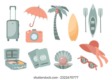 Summer travel set, suitcases, passport, camera, sunglasses, umbrella, hat, surfboard, kayak. Icons, decor elements, vector	
