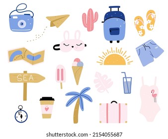 Summer travel set of things camera, paper plane, cactus, sandals, map, sun, shorts, pointer, ice cream, coffee to go, palm tree, suitcase. Vector illustration colorful cute stickers in cartoon style