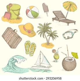 Summer travel set. Vintage vacation collection. Vector icon