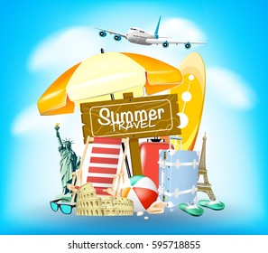 Summer Travel Sign on Blue Background with Traveling Bag and Airplane Vector Illustration
