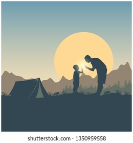Summer travel. Silhouette of people, mountains, hills and forest on the sun and sky background. Wanderlust and camping. Concept adventure landscape. Spring trip. Nature, tent and sunrise.