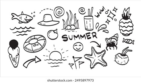 Summer travel sketch. Drawing doodle beach element. Holiday tourism set. Ice cream, shell, sun and pineapple stroke ink. Collection of outline summertime graphic