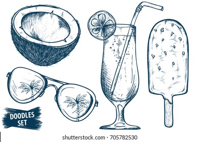 Summer travel sketches set. Coconut. Cocktail. Sunglasses. Palm. Ice cream. Tropical doodles. Tourism scribbles. Summer sketch. Beach scrawls vectors collection. Hand drawn effect illustrations.