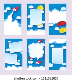 Summer travel social media stories, posts vector template with photo frames, paper planes flying in the sky, camera, suitcase. Creative paper cut vector art illustration for poster, banner, cover card