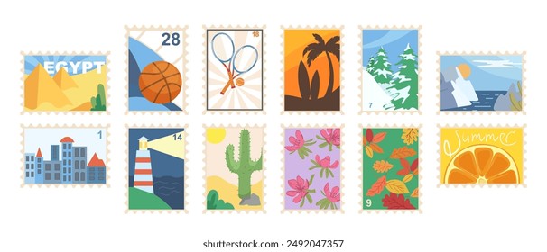 Summer, travel, sports and seasonal postage stamps and postmarks set isolated on white background