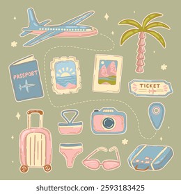 Summer Travel stickers set. Set of elements for a trip in flat hand-drawn style. Vector.
