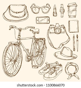 Summer travel street collection set: retro bike, camera, bag, sun glasses, hat, phone, sneakers, notebook, coffee. Line art hand drawn sketch stock vector illustration