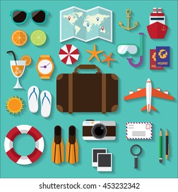 summer travel. stuff for holiday journey. icons sign and symbols.