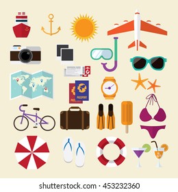 summer travel. stuff for holiday journey. icons sign and symbols.