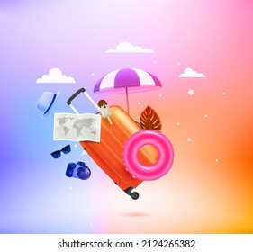 Summer travel stuff with Levitation effect. 3d vector illustration