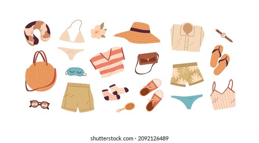 Summer travel stuff set. Beach clothes, accessories for summertime holiday. Bag, bikini, flip-flops, hat, swimsuit and pillow for vacation trip. Flat vector illustrations isolated on white background