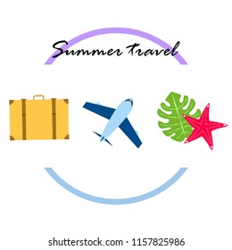 summer travel suitcase aircraft starfish tropical plant vector background