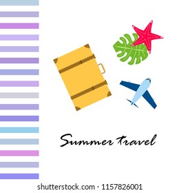 summer travel suitcase aircraft starfish tropical plant vector background