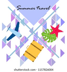 summer travel suitcase aircraft starfish tropical plant vector background