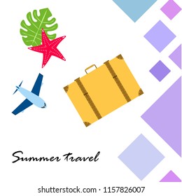 summer travel suitcase aircraft starfish tropical plant vector background