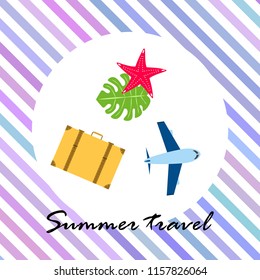 summer travel suitcase aircraft starfish tropical plant vector background