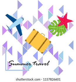 summer travel suitcase aircraft starfish tropical plant vector background summer travel suitcase aircraft starfish tropical plant vector background