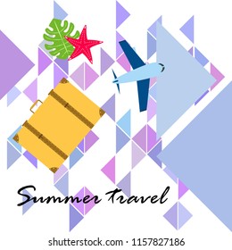 summer travel suitcase aircraft starfish tropical plant vector background