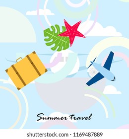 summer travel suitcase aircraft starfish tropical plant vector background
