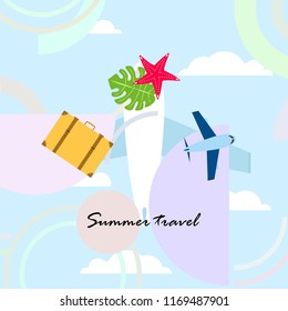 summer travel suitcase aircraft starfish tropical plant vector background