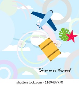 summer travel suitcase aircraft starfish tropical plant vector background