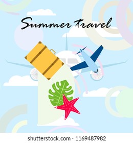 summer travel suitcase aircraft starfish tropical plant vector background