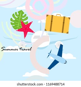 summer travel suitcase aircraft starfish tropical plant vector background