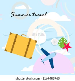 summer travel suitcase aircraft starfish tropical plant vector background