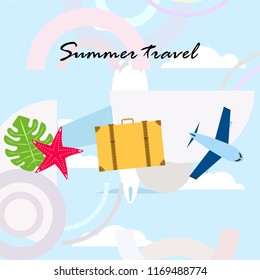 summer travel suitcase aircraft starfish tropical plant vector background