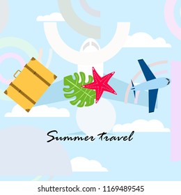 summer travel suitcase aircraft starfish tropical plant vector background