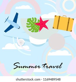 summer travel suitcase aircraft starfish tropical plant vector background