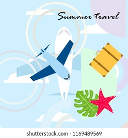 summer travel suitcase aircraft starfish tropical plant vector background